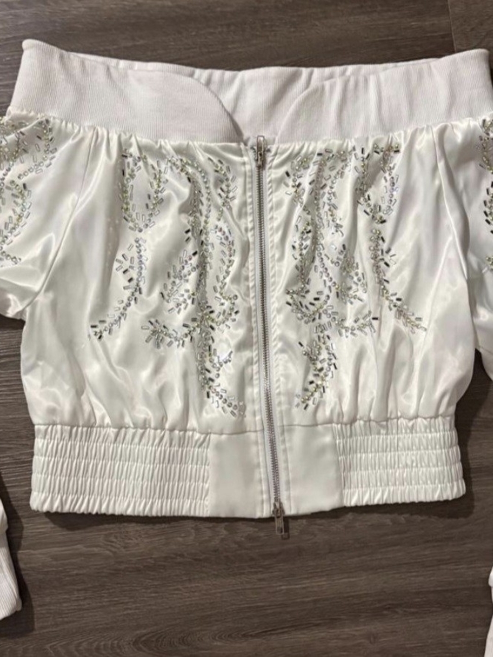 White Embellished Off-Shoulder Zip Front Top